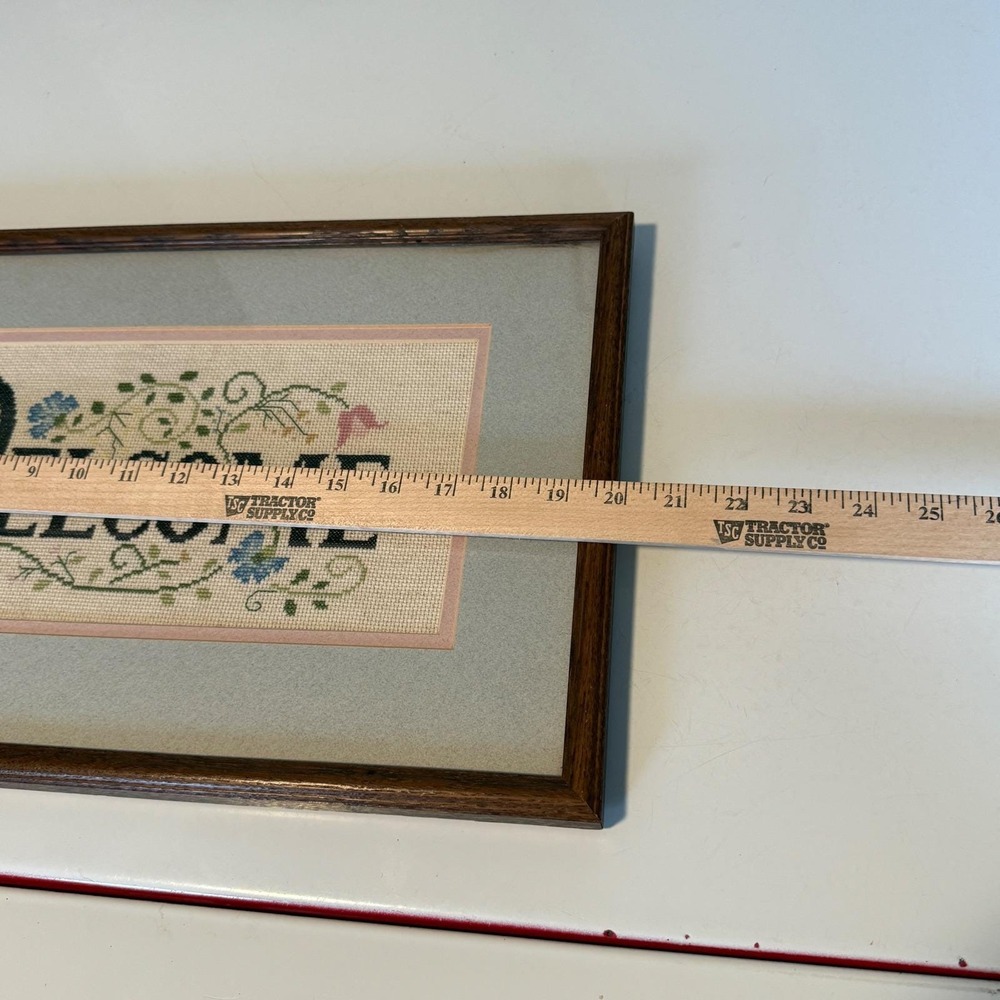 Vintage Framed Needlepoint "WELCOME" Sampler Floral Vine 20x12 Cottage Decor - Picture 8 of 16